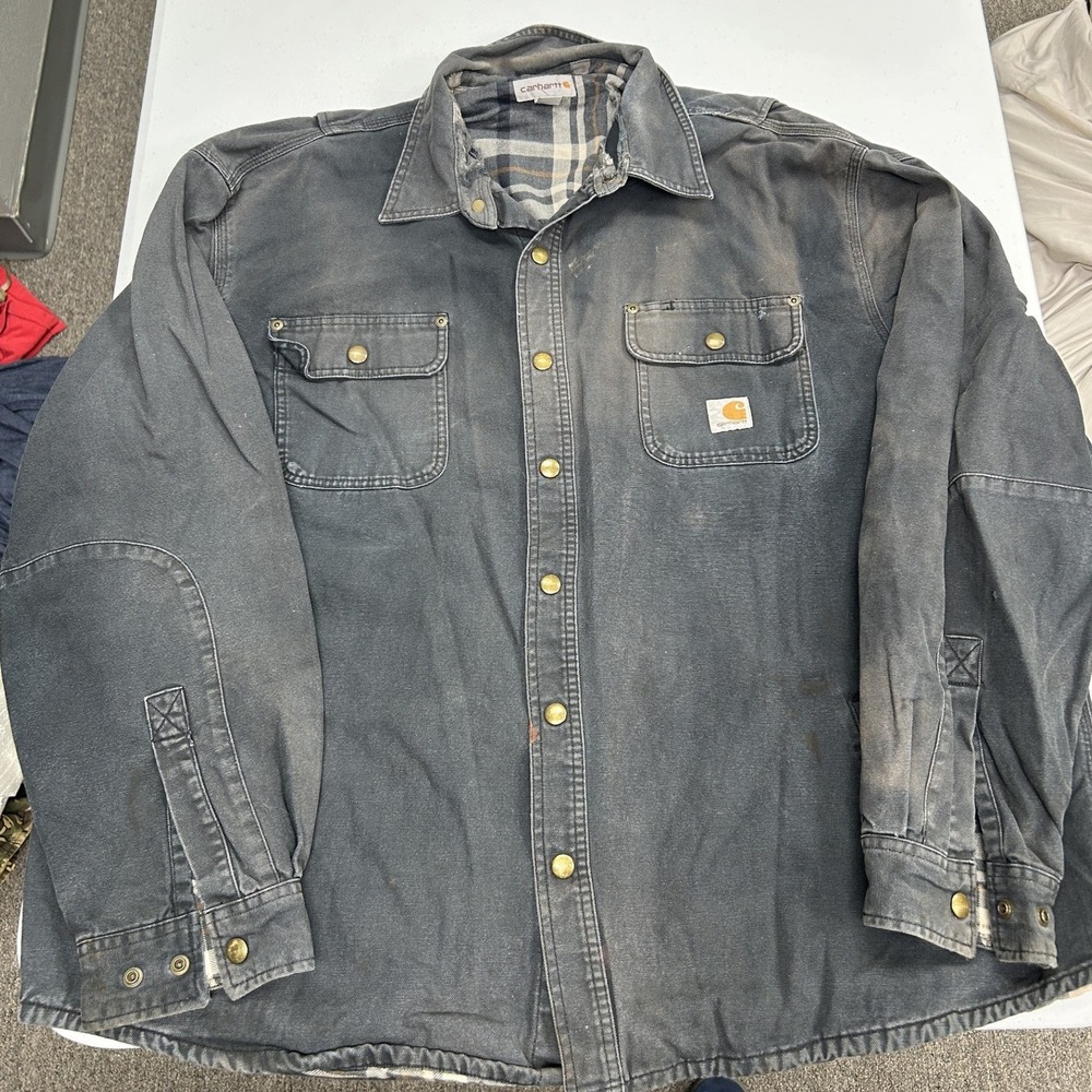 Carhartt Flannel Lined Shirt Jacket Mens 2XL Gray Canvas Distressed Workwear G1